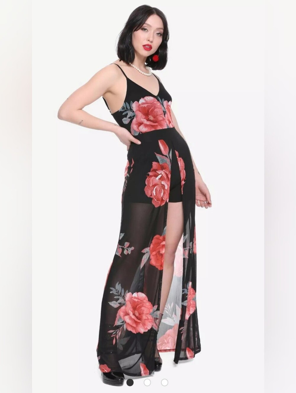 Almost Famous Black Sheer Floral Wide-Leg Jumpsuit with Red Roses